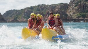 English students on banana ride